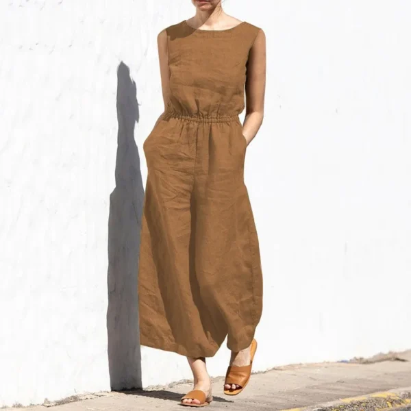 Solid Color Cotton Linen Jumpsuit Sleeveless High Waist Wide Legs - Image 6
