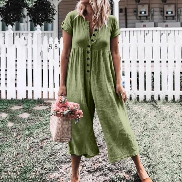 Vintage Cotton Linen Jumpsuit Women Ruched Wide-Leg Loose Rompers - Image 3