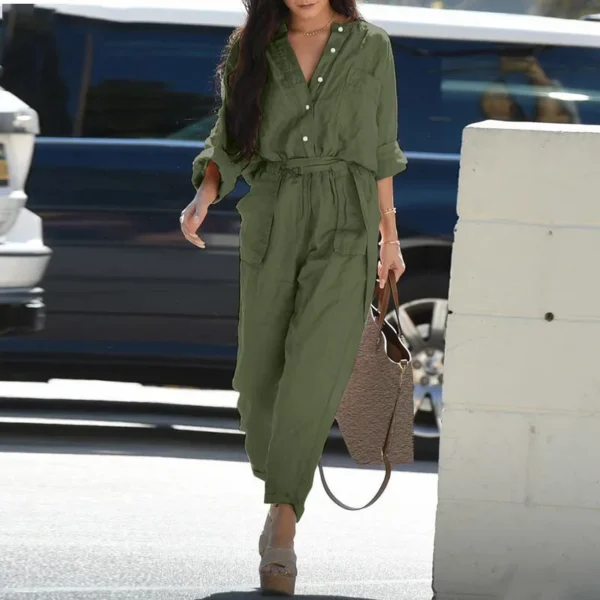 Elegant Cotton Linen Long Sleeve Belted Workwear Jumpsuit Women - Image 2
