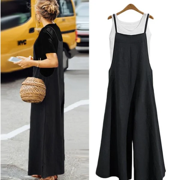 Women Summer Cotton Linen Loose Wide Leg Casual Jumpsuit Overalls - Image 2