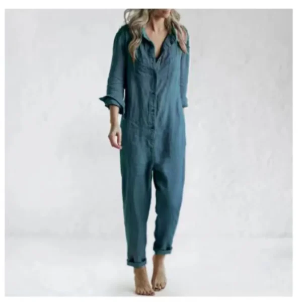 Fashion Cotton Linen Vintage Long Sleeve Pocket Jumpsuit For Women - Image 2
