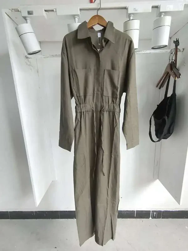 Wide Leg Cotton Linen Jumpsuit Women Lapel Drawstring With Pockets - Image 6