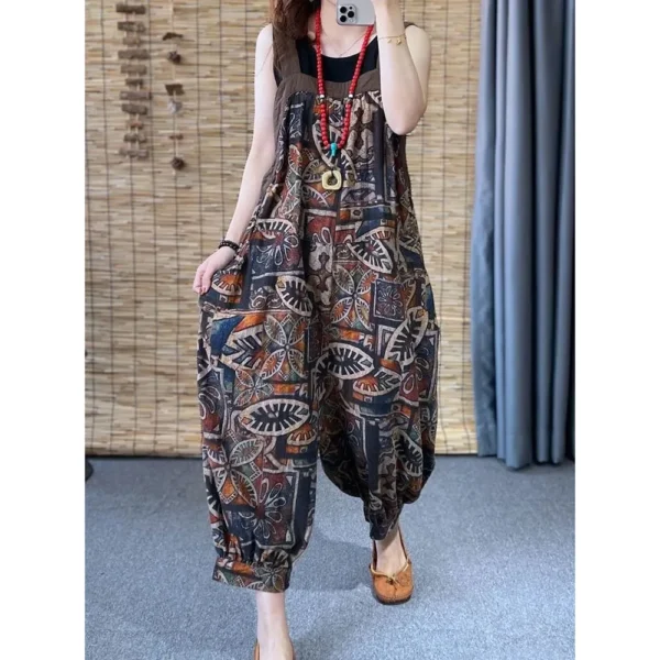 Ethnic Printed Linen Suspender Jumpsuit Women Loose Summer Overalls - Image 5
