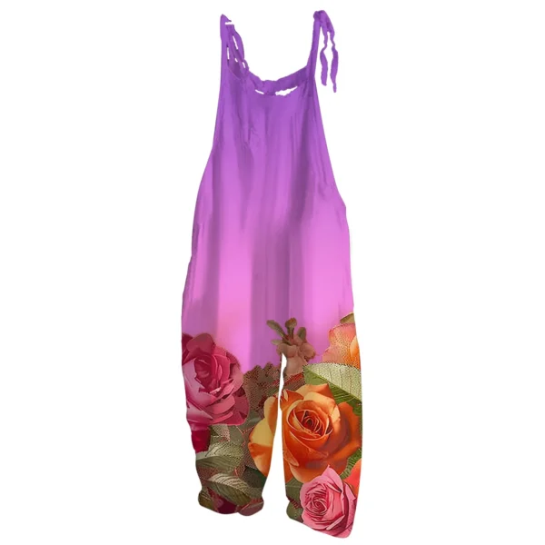 Women’s Cotton Linen Loose Print Jumpsuit Casual Overalls Pockets - Image 3