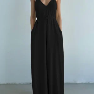 Rockmore Cotton Linen Sleeveless V-Neck Wide Leg Jumpsuit Outfit