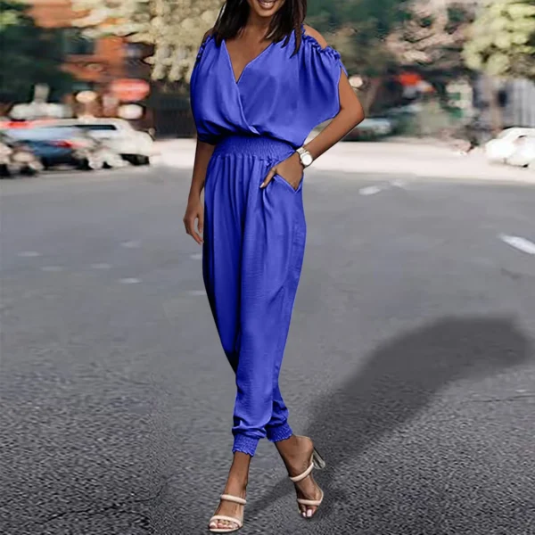 Casual Loose Cotton Linen V Neck Slim Waist Women’s Jumpsuit