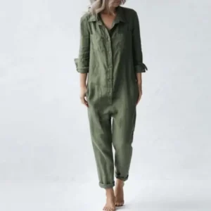 Cotton Linen Vintage Jumpsuit With Buttons Pockets And Long Sleeves
