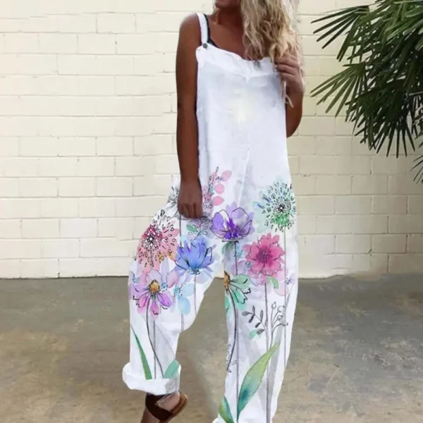 Casual Loose Cotton Linen Jumpsuit Spaghetti Strap Wide Leg Overalls - Image 5