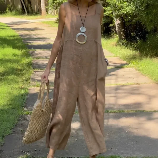 Summer Linen Oversize Jumpsuit Sleeveless Square Collar Women Overalls - Image 3