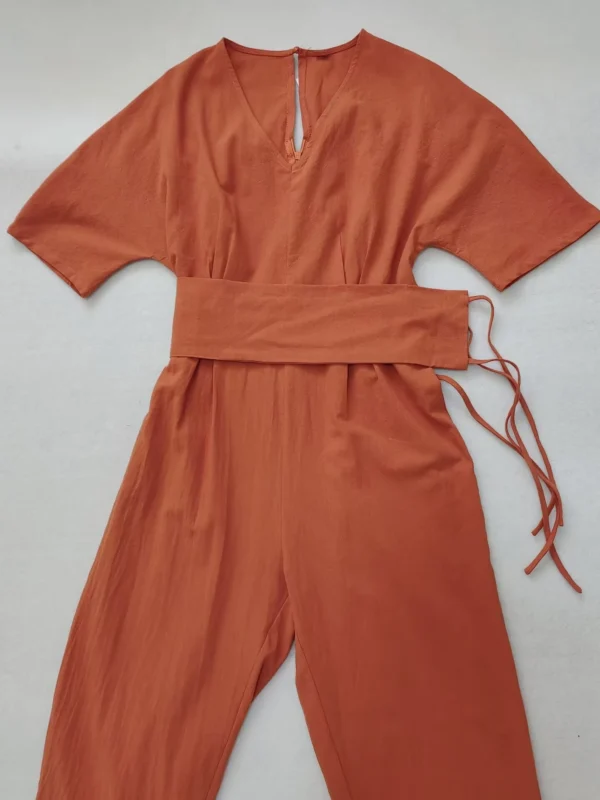 Cotton Linen V-Neck Belted Loose Jumpsuit Women Summer Casual - Image 4
