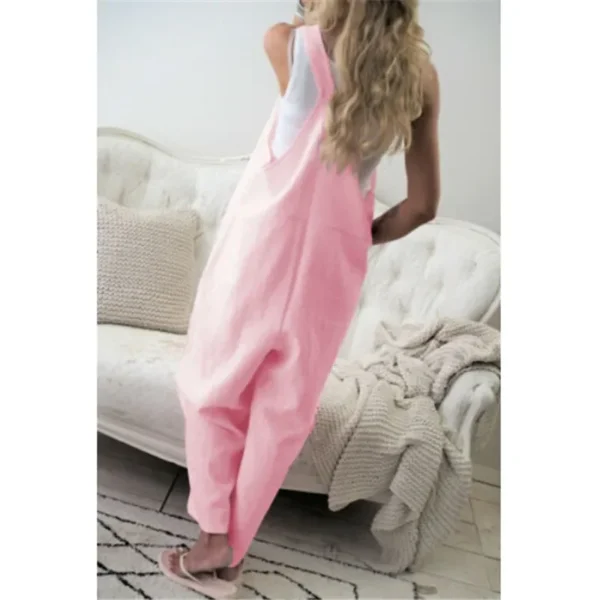 Women Loose Cotton Linen Vintage Jumpsuit With Buttons Pockets - Image 4