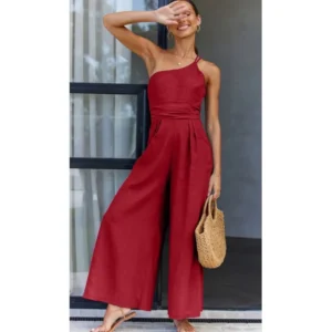 2025 Summer Elegant Cotton Linen Loose Sloping Shoulder Jumpsuit