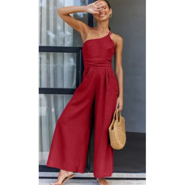 2025 Summer Elegant Cotton Linen Loose Sloping Shoulder Jumpsuit