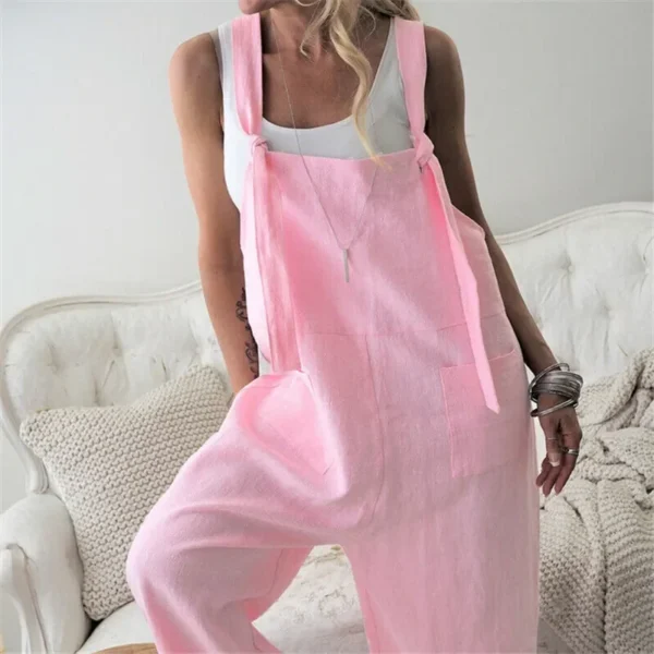 Women Loose Cotton Linen Vintage Jumpsuit With Buttons Pockets - Image 5
