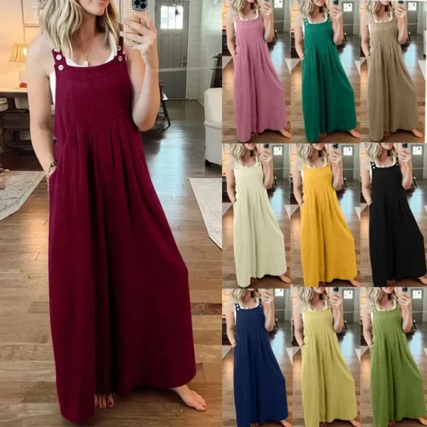 Women Casual Linen Romper Jumpsuit Wide Leg Cropped Pants Summer - Image 2