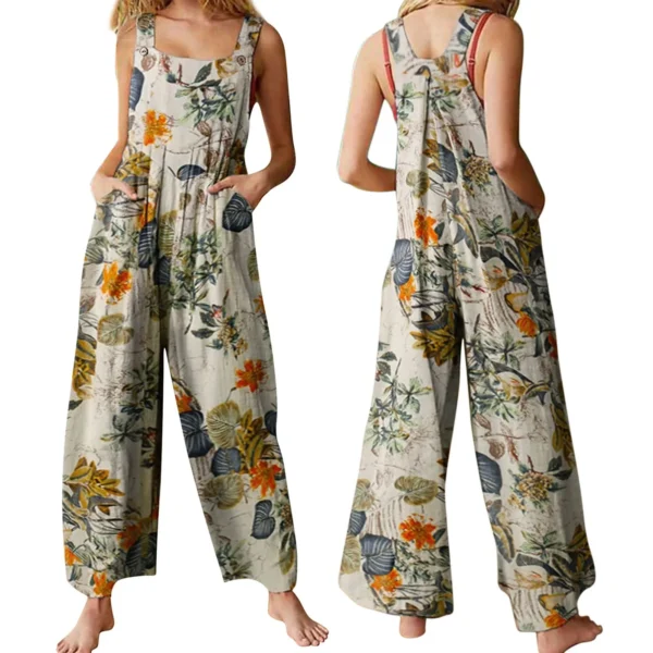 Women’s Cotton Linen Floral Jumpsuit Sleeveless Loose Casual Pockets - Image 3