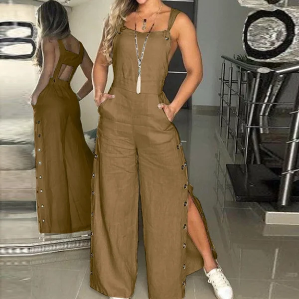 Women’s Sleeveless Cotton Linen Jumpsuit Wide Leg Loose Romper - Image 4