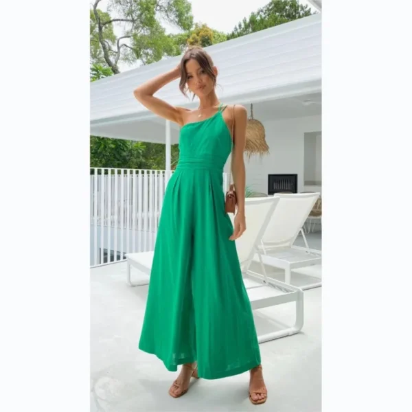2025 Summer Elegant Cotton Linen Loose Sloping Shoulder Jumpsuit - Image 3