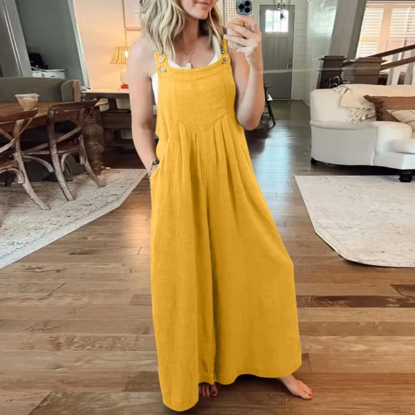 Women Casual Linen Romper Jumpsuit Wide Leg Cropped Pants Summer - Image 3