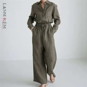 Wide Leg Cotton Linen Jumpsuit Women Lapel Drawstring With Pockets