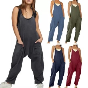 Casual Loose Cotton Linen Sleeveless Jumpsuit With Wide Leg Pants