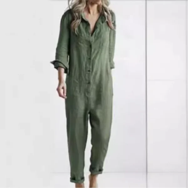 Fashion Cotton Linen Vintage Long Sleeve Pocket Jumpsuit For Women - Image 5