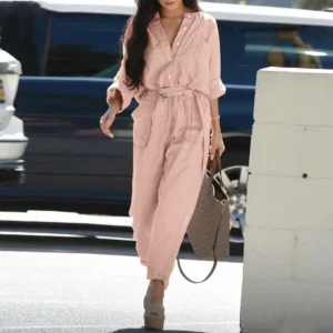 Elegant Cotton Linen Long Sleeve Belted Workwear Jumpsuit Women