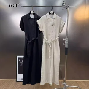 Minimalist Linen Jumpsuit With Belt And Lapel Collar For Women Holiday Style