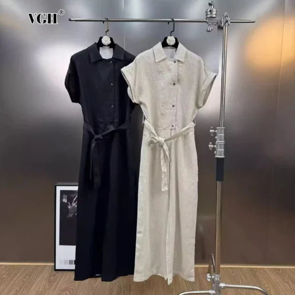 Minimalist Linen Jumpsuit With Belt And Lapel Collar For Women Holiday Style
