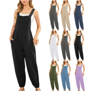 Women’s Cotton Linen Jumpsuit Casual Pocket Overalls Summer Fashion Style