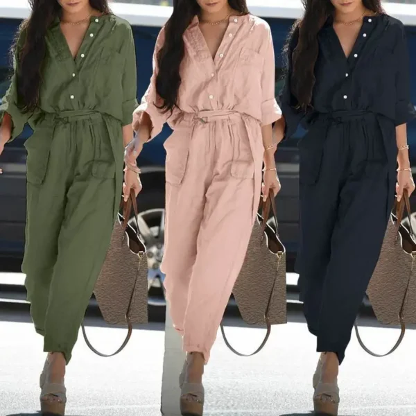 Elegant Cotton Linen Long Sleeve Belted Workwear Jumpsuit Women - Image 6